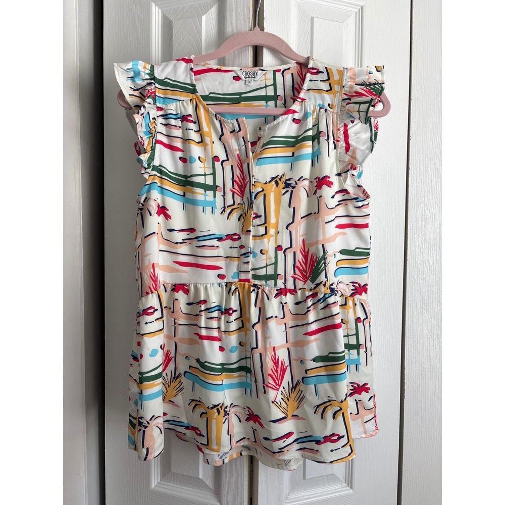 Crosby by Mollie Burch Ruffle Sleeve Peplum Top Geometric Print S - Picture 3 of 9